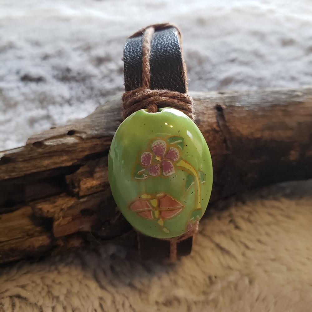 Leather band bracelet with floral painted stone